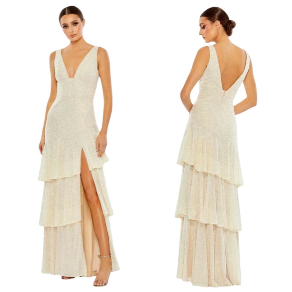 Mac Duggal NWT Iridescent Sequin Tiered Ruffle Maxi Gown Size 12 Formal Evening